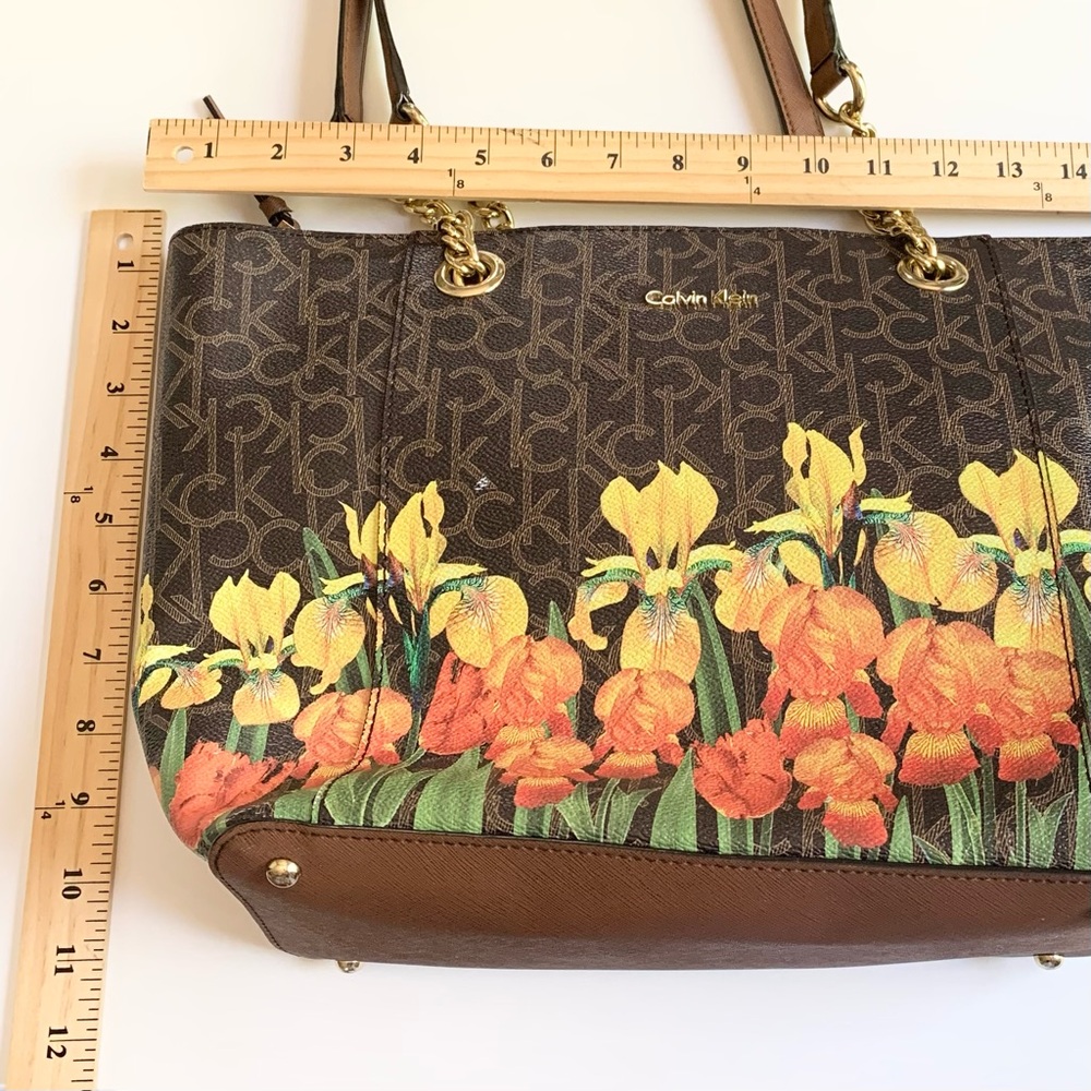 Calvin Klein Monogram Brown Floral Leather Chain Tote Bag - Picture 10 of 12
